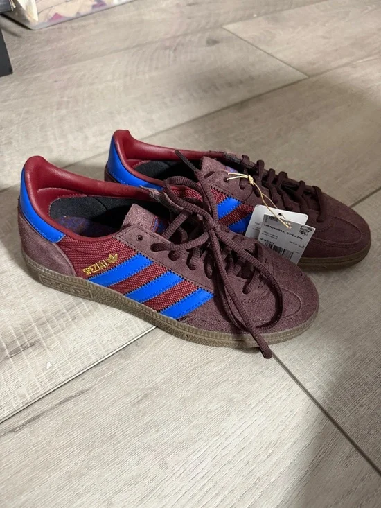 adidas Burgundy Suede Sneakers with Blue Stripes and Red Collar - Picture 1 of 3
